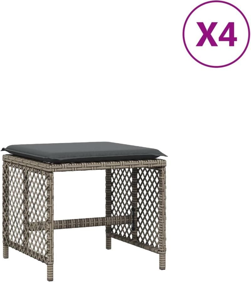 The Living Store Tuinkruk Grijs PE-Rattan Staal 41x41x36 cm Inclusief Zitkussens Tuinkrukken Tuinstoelen Buitendecoratie Lounge Stoel Outdoor Furniture - Foto 2