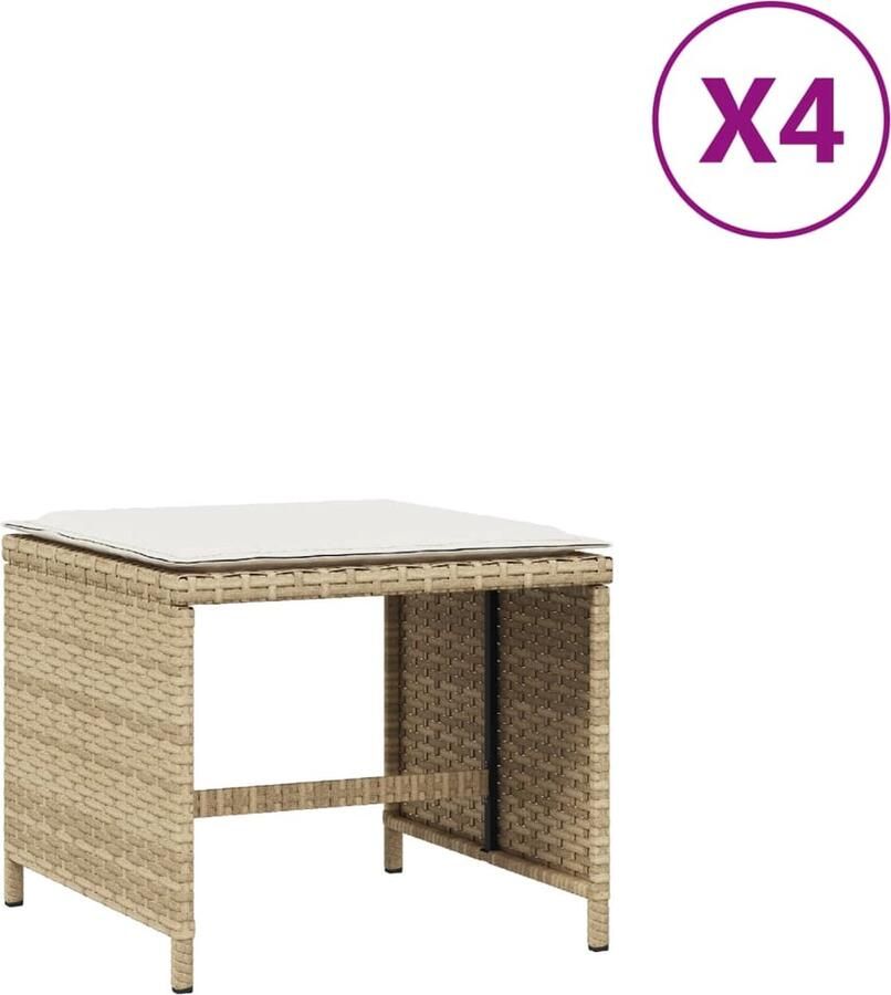 VidaXL Tuinkrukken set 4 stuks Inclusief kussens Beige Kruk Krukken Krukje Plantenkrukje