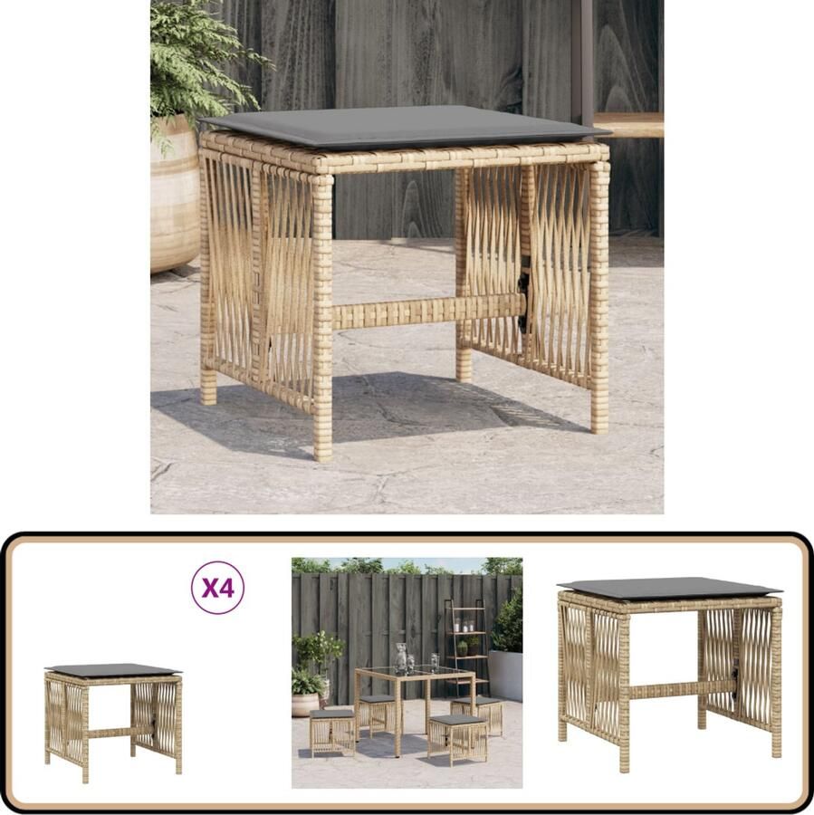 VidaXL Tuinkrukken Set van 4 Poly Rattan Beige Kruk Krukken Krukje Plantenkrukje