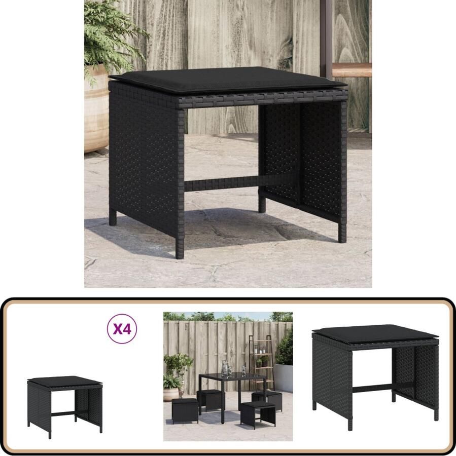 VidaXL Tuinkrukken Set van 4 Zwart Inclusief Kussens Kruk Krukken Krukje Plantenkrukje