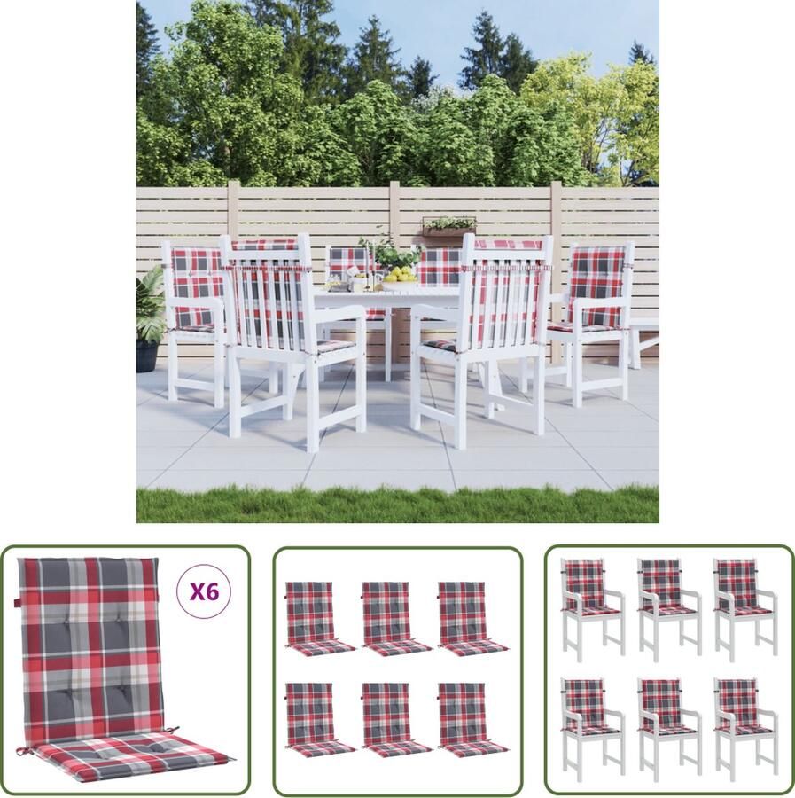 The Living Store Tuinstoelkussens 6 st 100x50x3 cm oxford stof ruitpatroon rood Tuinstoel Kussentjes Tuinkussens Outdoor Kussens Buitenkussens Lounge Kussens