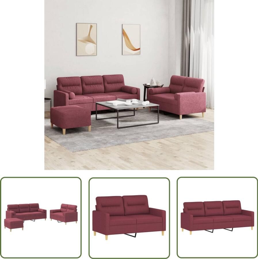 The Living Store Loungeset Wijnrood Stof Metaal Textileen en Multiplex 2- en 3-zitsbank Voetenbank 138 x 77 x 80 cm 198 x 77 x 80 cm inclusief kussens Montage vereist