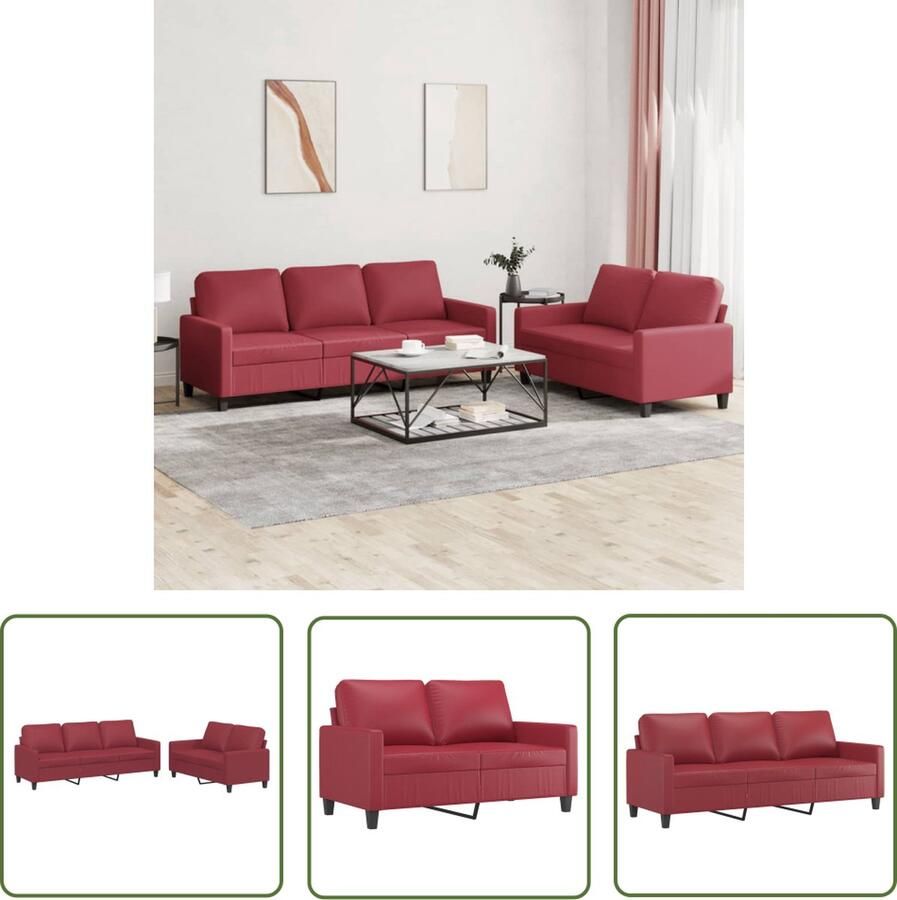 The Living Store Loungeset Wijnrood Kunstleer 2-zitsbank (138x77x80 cm) 3-zitsbank (198x77x80 cm) Loungeset Tuinmeubel Buitenset Rood Meubilair Lederlook