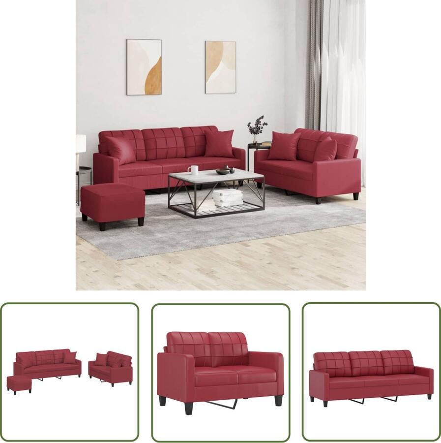 The Living Store Loungeset Driezitsbank Tweezitsbank Voetenbank Kleur- Wijnrood Afmetingen- 198 x 77 x 80 cm Comfortabel en duurzaam Inclusief kussens Montage vereist