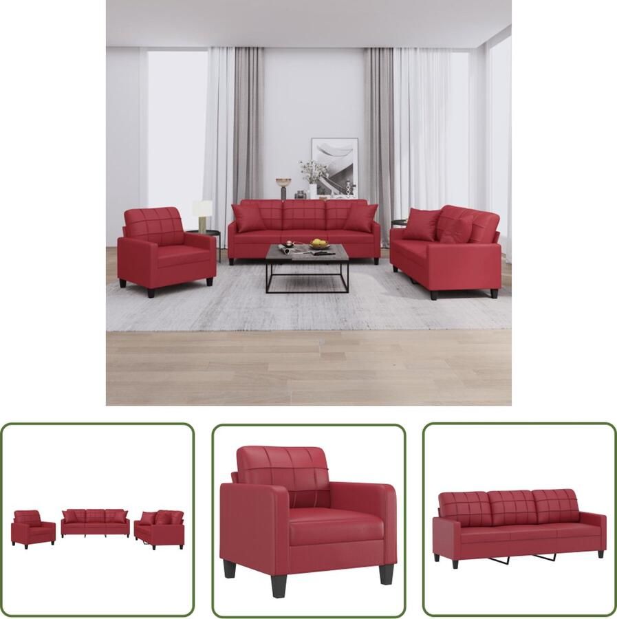 The Living Store Loungeset Kunstleer Wijnrood Armstoel 78x77x80 cm 2-zitsbank 138x77x80 cm 3-zitsbank 198x77x80 cm Inclusief 4 sierkussens en 6 kussens Montage vereist