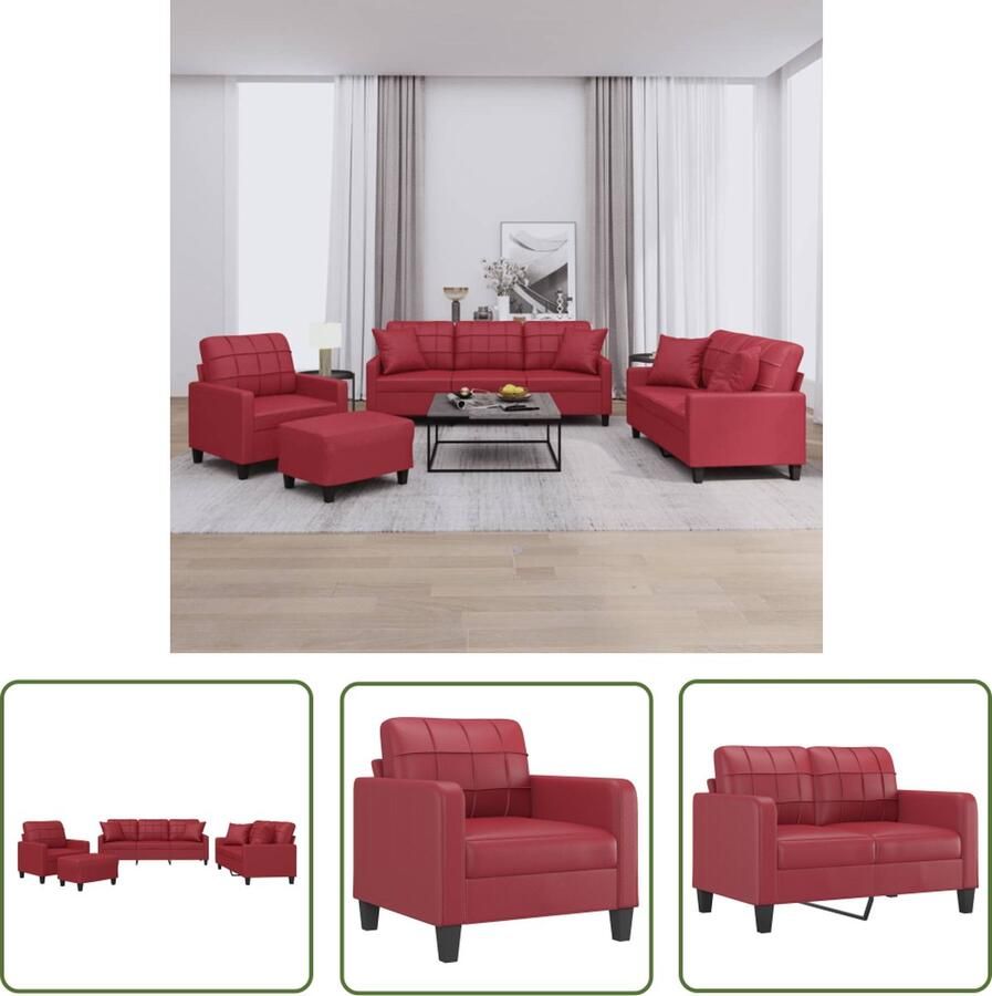 The Living Store 4-delige Loungeset met kussens kunstleer wijnrood Loungeset Tuinmeubel Buitenset Loungebank Rood Meubilair