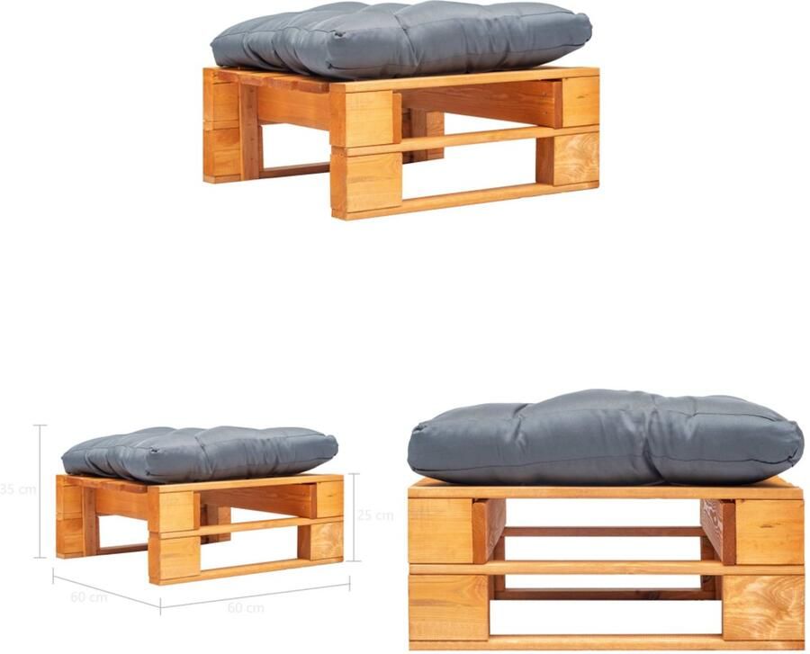 VidaXL Tuinpoef met grijs kussen pallet hout honingbruin Poef Poefs Poefen Pallet Poef