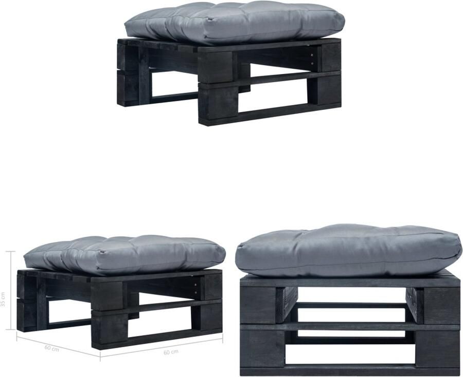 VidaXL Tuinpoef met grijs kussen pallet hout zwart Poef Poefs Poefen Pallet Poef