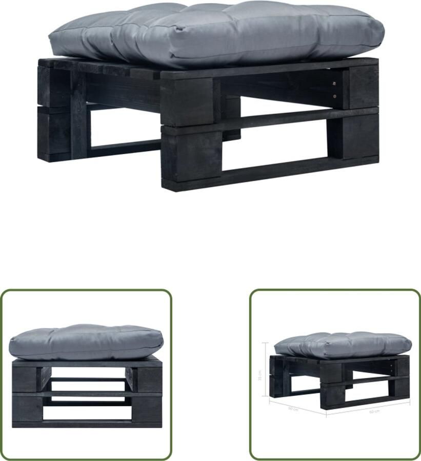 VidaXL Tuinpoef met grijs kussen Pallet Hout Zwart Tuinstoel Lounge Stoelen Buitendecoratie Balkon Decoratie Pallethout Meubels Relaxstoelen Outdoor Furniture Garden Chairs
