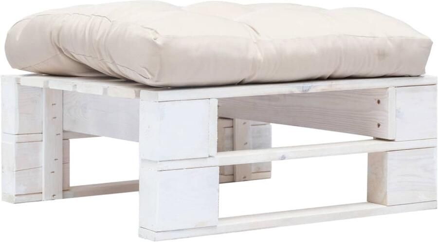 VidaXL Tuinpoef met zandkleurig kussen pallet hout wit Poef Poefs Poefen Pallet Poef - Foto 2