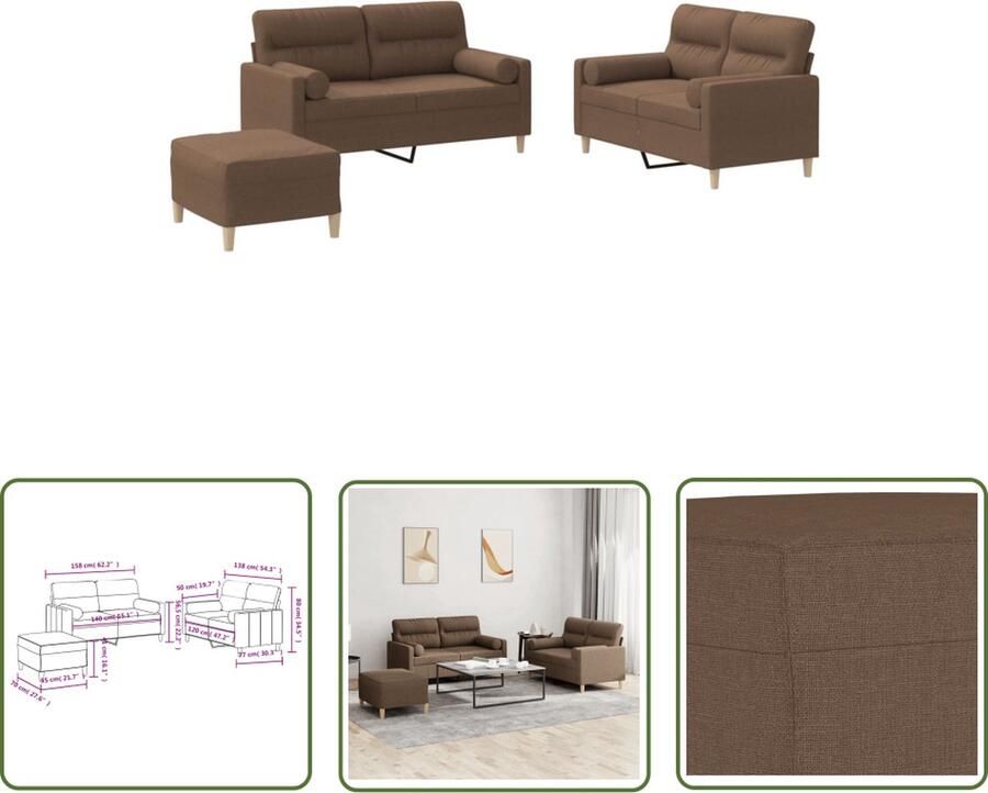 The Living Store Loungeset Bruin Stof (100% polyester) Metaal textileen multiplex 2-zitsbank (klein) 138 x 77 x 80 cm 2-zitsbank (groot) 158 x 77 x 80 cm Voetenbank 70 x 55 x 41 cm Inclusief kussens en montage