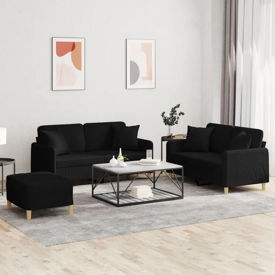 The Living Store 3-delige Loungeset met kussens stof zwart Loungebank Tuinset Zwarte Bank Zitzitting Loungewoning