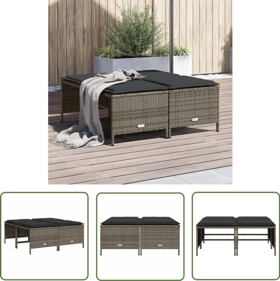 The Living Store Tuinkrukken met kussens 4 st poly rattan grijs Tuinstoel Tuinset Lounge Stoel Buitendecoratie Outdoor Furniture
