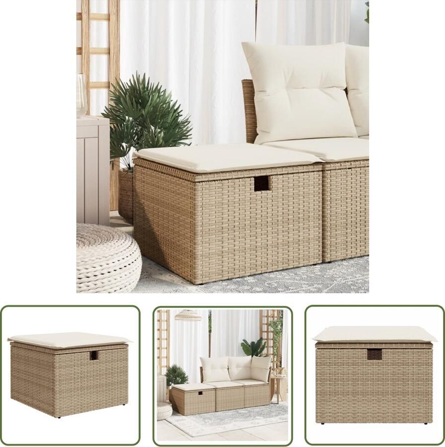 VidaXL Tuinkruk met kussen 55x55x37 cm poly rattan beige Tuinkruk Tuinstoelen Buitendecor Terrasdecor Lounge Set