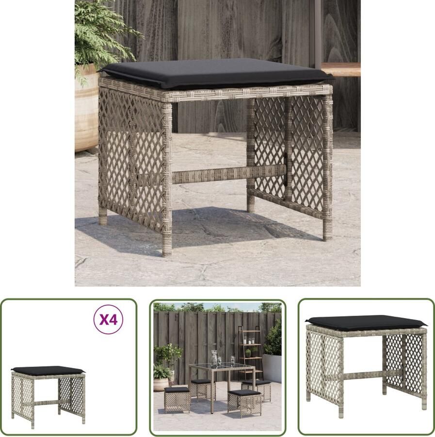 The Living Store Tuinkrukken 4 st met kussens 41x41x36 cm poly rattan lichtgrijs Tuinkrukken Tuinstoelen Buitendecoratie Lounge Stoel Outdoor Furniture