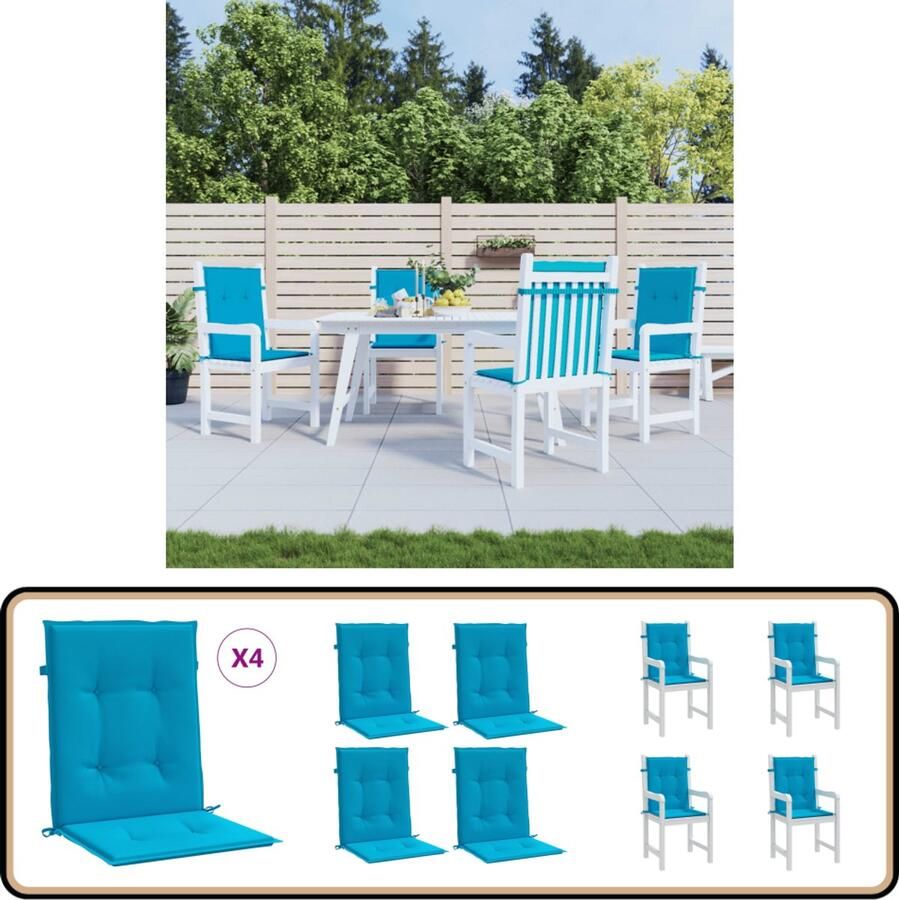 VidaXL Tuinstoelkussen Set van 4 Lage rug Blauw Stoelkussens Zitcushions Lounge Set Tuinset Outdoor Furniture Balkondecoratie Terrassenset Garden Cushions