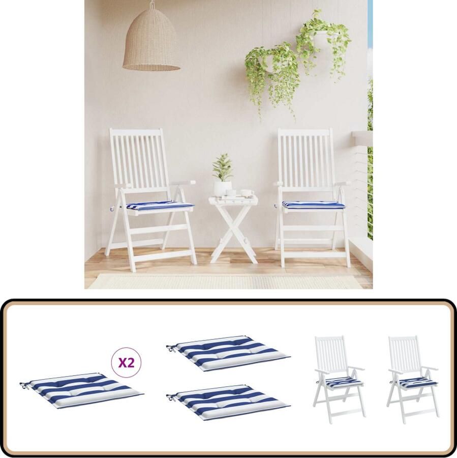 VidaXL Tuinstoelkussens 2 st 50x50x3 cm Wit Blauw Tuinstoel Kussentje Outdoor Kussen Buitendecoratie Balkondecoratie Terrasdecoratie Lounge Set Kussen Tuinset Kussen Stofkussen