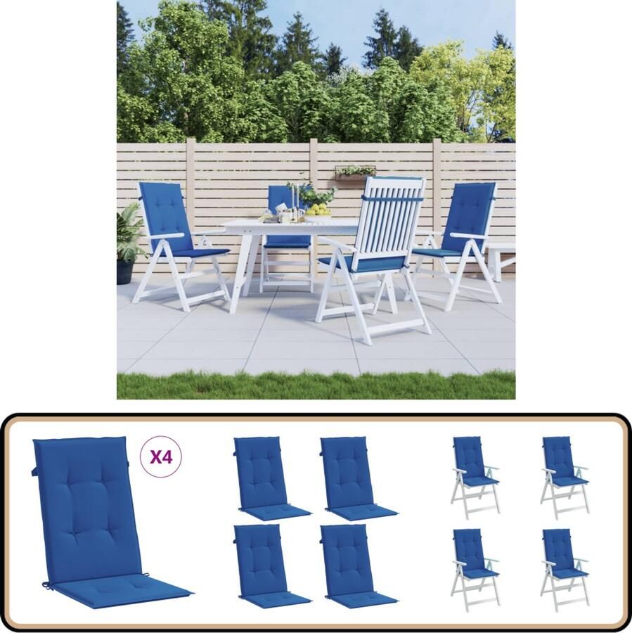 VidaXL Tuinstoelkussens 4 st Koningsblauw Tuinstoel Kussentje Outdoor Kussens Balkon Kussens Lounge Kussens Blauw Kussen Waterdicht Kussen Stofkussen