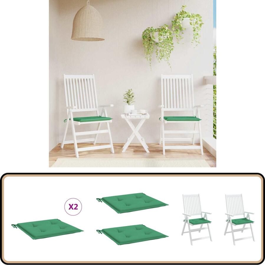 VidaXL Tuinstoelkussens 40x40x3 cm Groen 2 Stuks Tuinstoel Kussentje Outdoor Kussens Balkon Kussens Tuinkamer Accessoires Lounge Kussens Stofkussens Oxford Stof Groene Kussens
