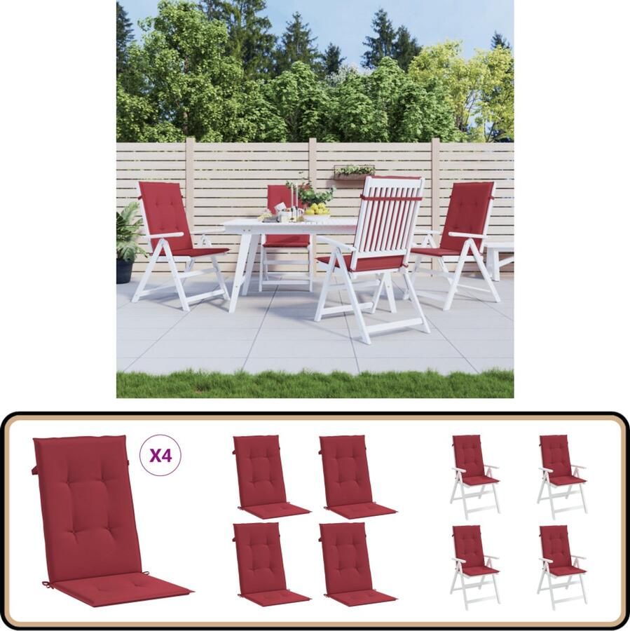 VidaXL Tuinstoelkussens Hoge rug 4 stuks Wijnrood Stoelkussens Tuinstoel Terrasstoel Outdoor Kussens Lounge Set Balkondecoratie Rood