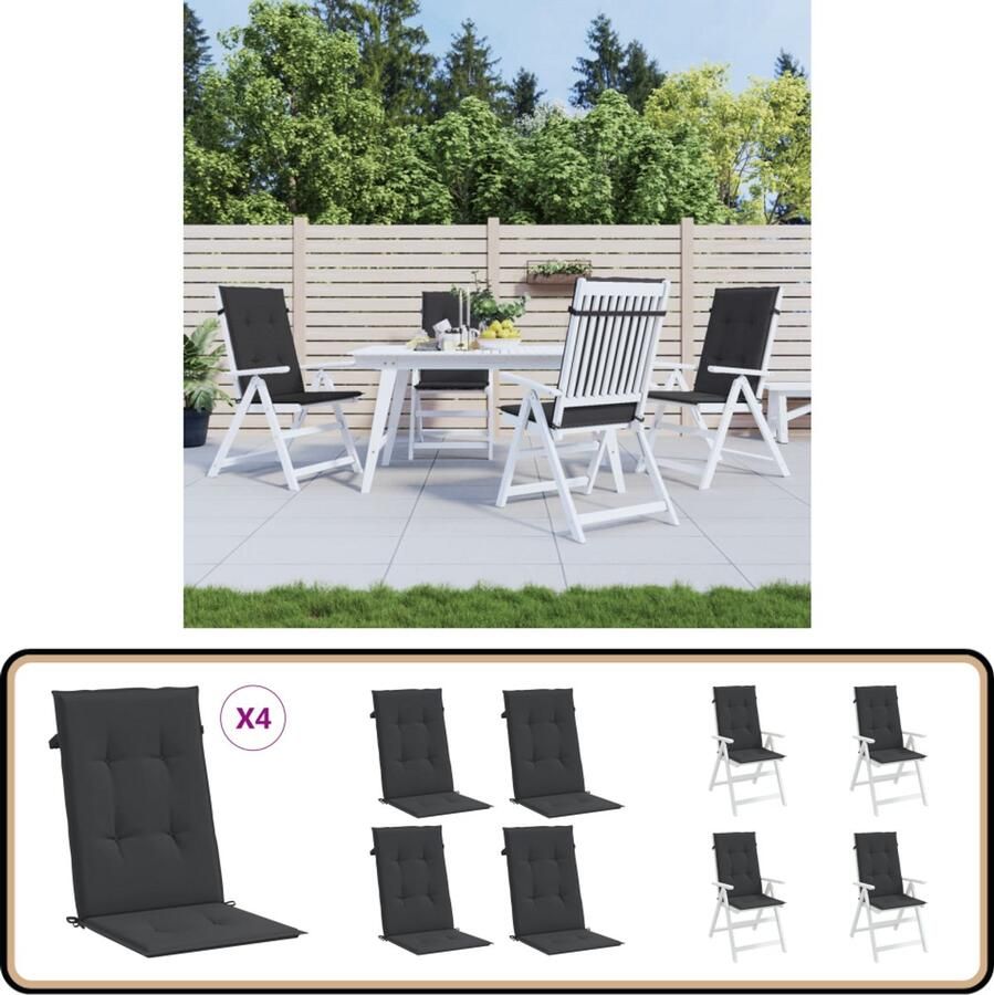 VidaXL Tuinstoelkussens Hoge Rug 4 Stuks Zwart Tuinstoel Kussentje Buitenkussens Tuinkus Lounge Set Kussens Balkon Kussens Zitzak Kussens Outdoor Kussens Zwarte Kussens