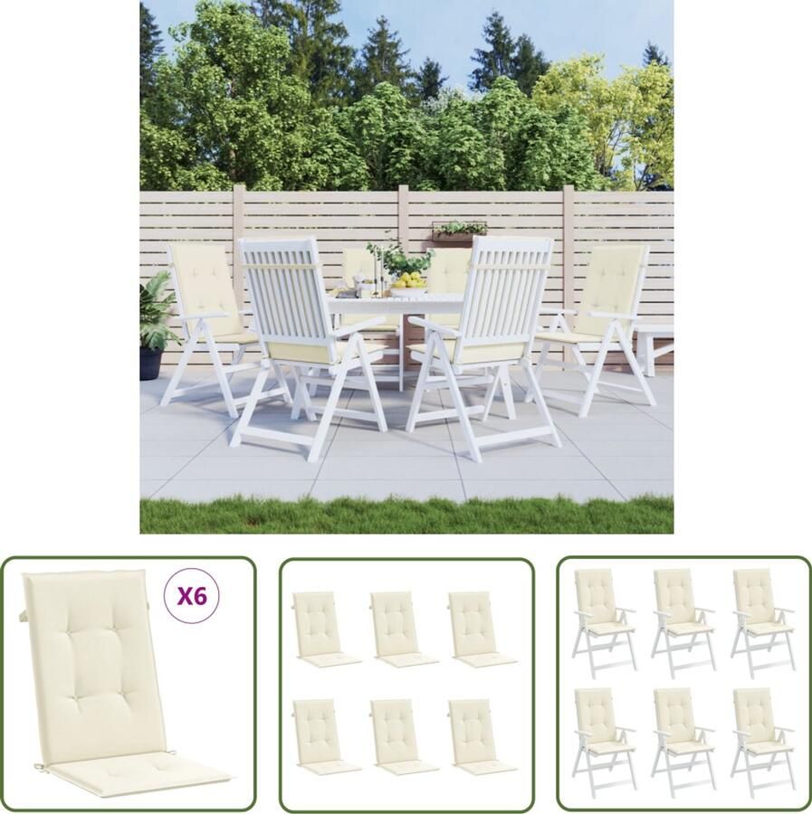 VidaXL Tuinstoelkussens Hoge rug Crème 6 st Stoelkussens Tuinstoel Terrasstoel Outdoordecoratie Comfort Waterafstotend Creme Kleur