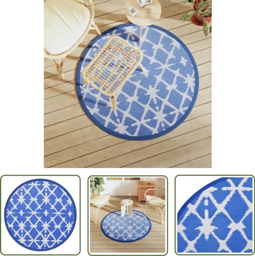 VidaXL Tuintapijt Buitenkleed ARAKIL Ø120 cm polypropeen blauw en wit Terrasdecoratie Polypropeen Blauwe Kleurtint