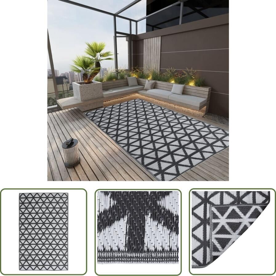 The Living Store Buitenkleed ARAKIL 140x200 cm polypropeen zwart Buitenkleed Tuintapijt Zwarte Jacquard Polypropyleen Terrasdecoratie