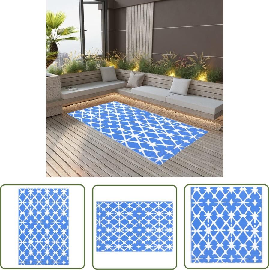 The Living Store Buitenkleed ARAKIL 190x290 cm PP blauw en wit Tuintapijt Outdoor Tapijt Patio Vloerbedekking Terrasdecoratie Zomerhuis