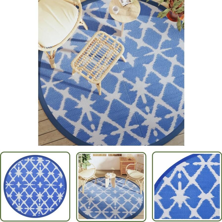 VidaXL Tuintapijt Buitenkleed ARAKIL Ø200 cm polypropeen blauw en wit Rond Tapijt Blauwe Kleur Witte Kleur