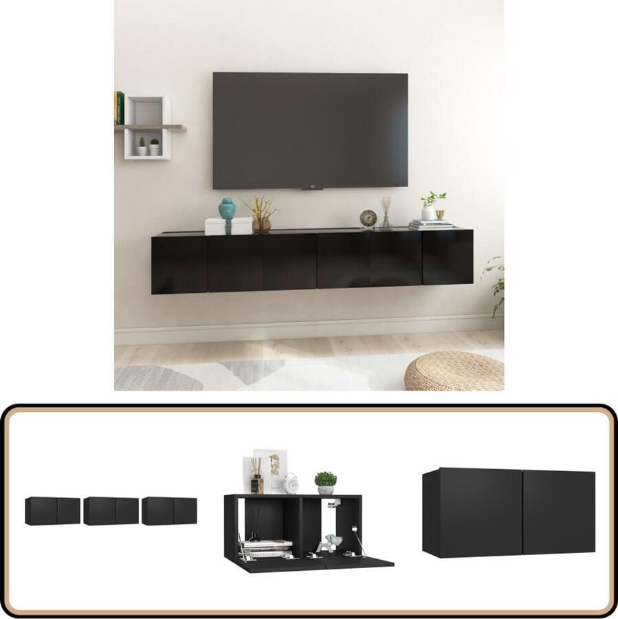 VidaXL Tv-hangmeubelen 3 stuks Zwart 60x30x30 cm Tv-meubel Houten Tv-meubel Zwarte Tv-kast Wandmontage Tv-meubel Set