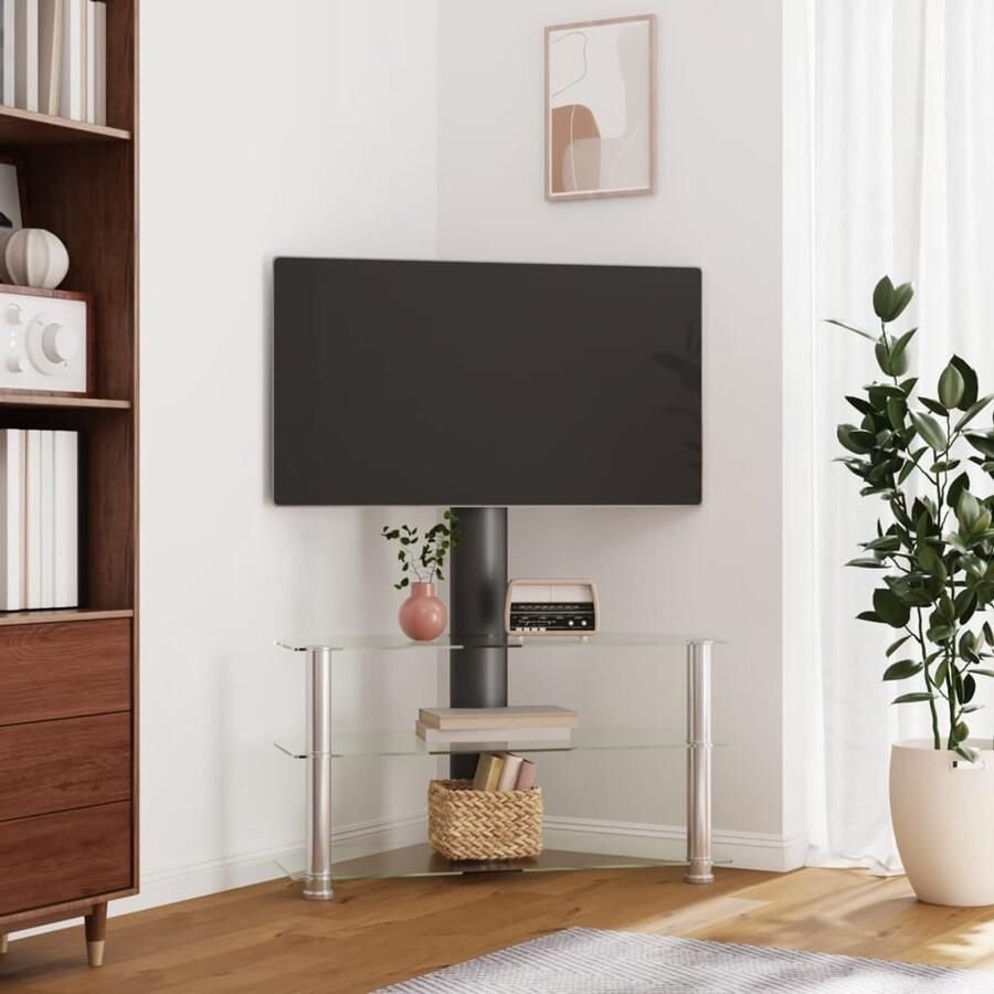The Living Store Tv-standaard hoek 3-laags voor 32-70 inch zwart en zilverkleur Tv Standaard Tv Hoekstandaard Media Kast Tv Meubel Tv Tafel