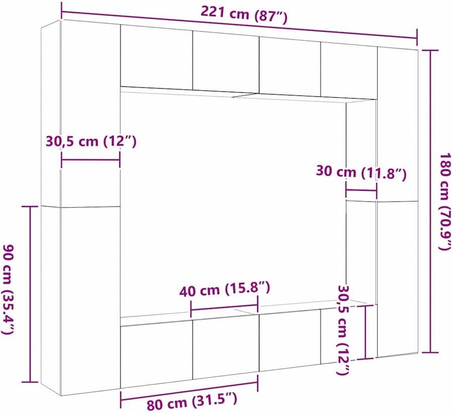 VidaXL TV Kast 8 pcs Zwart 221 x 30 x 180 cm Bewerkt hout
