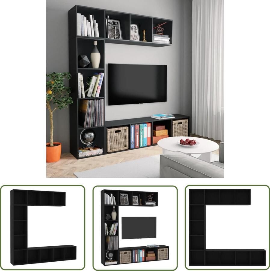 The Living Store Boekenkast tv-kastset 180 x 30 x 180 cm zwart bewerkt hout Boekenkast Tv Kast Houten Meubels Woonkamerinrichting Opslagoplossing