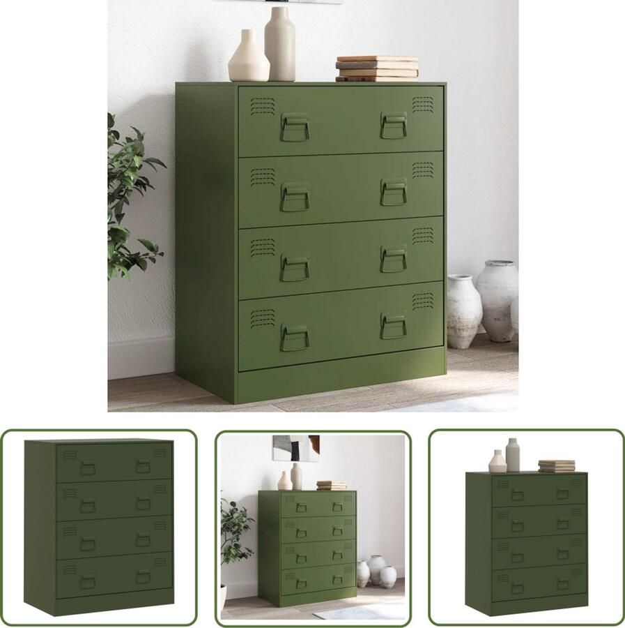 The Living Store Dressoir 67x39x83 cm staal olijfgroen Dressoir Tv-meubel Opbergkast Salontafel Industrieel Design