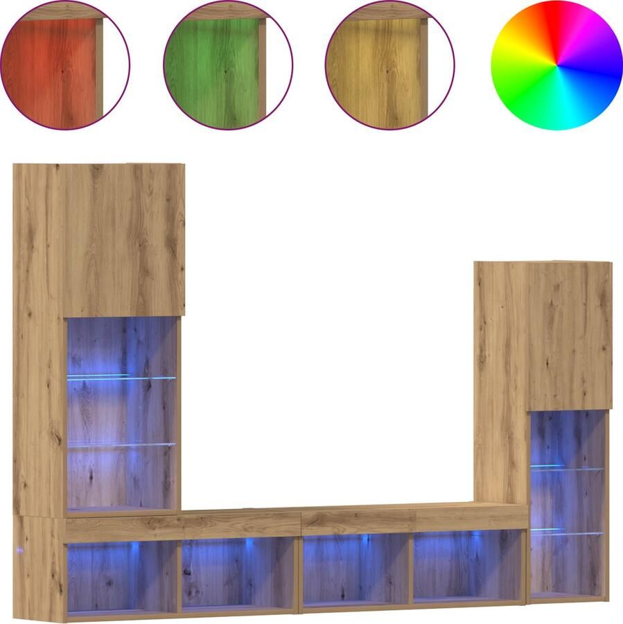 VidaXL TV Kast met LED Verlichting Artisan Eiken 40.5x30x102 cm TV Wandkasten met LED Verlichting 2 stuks Artisan Eiken 80x30x30 cm