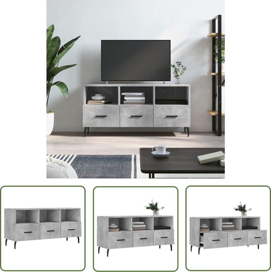 The Living Store Televisiekast Betongrijs 102 x 36 x 50 cm Trendy design 3 vakken en 3 lades Bewerkt hout en ijzer Televisiekast Tv Kast Beton Grijs Houten Tv Stand Mediaca Stande - Foto 2