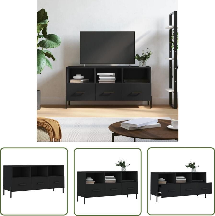 The Living Store Televisiekast Trendy en praktisch ontwerp Stevig bewerkt hout 3 vakken en 3 lades Presenteerfunctie IJzeren poten Zwart 102 x 36 x 50 cm Montage vereist Televisiekast Tv Kast Mediakast Salontafel Houtskelet - Foto 2