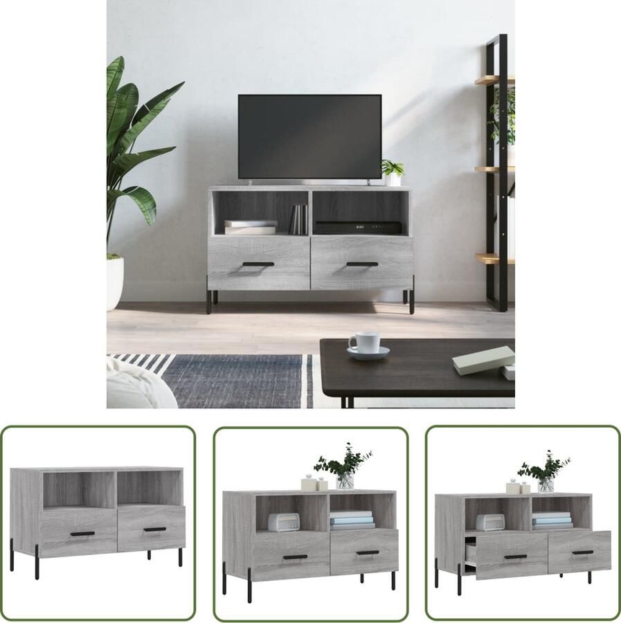 The Living Store Televisiekast Modern Grijs Sonoma Eiken 80 x 36 x 50 cm Bewerkt Hout en IJzer Televisiekast Tv Kast Houten Tv Kast Grijze Tv Kast Salontafel - Foto 2