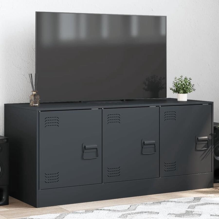 The Living Store Tv-meubel 99x39x44 cm staal antracietkleurig Televisiekast Tv-kast Antraciet Kleur Stalen Tv-meubel Koudgewalst Staal
