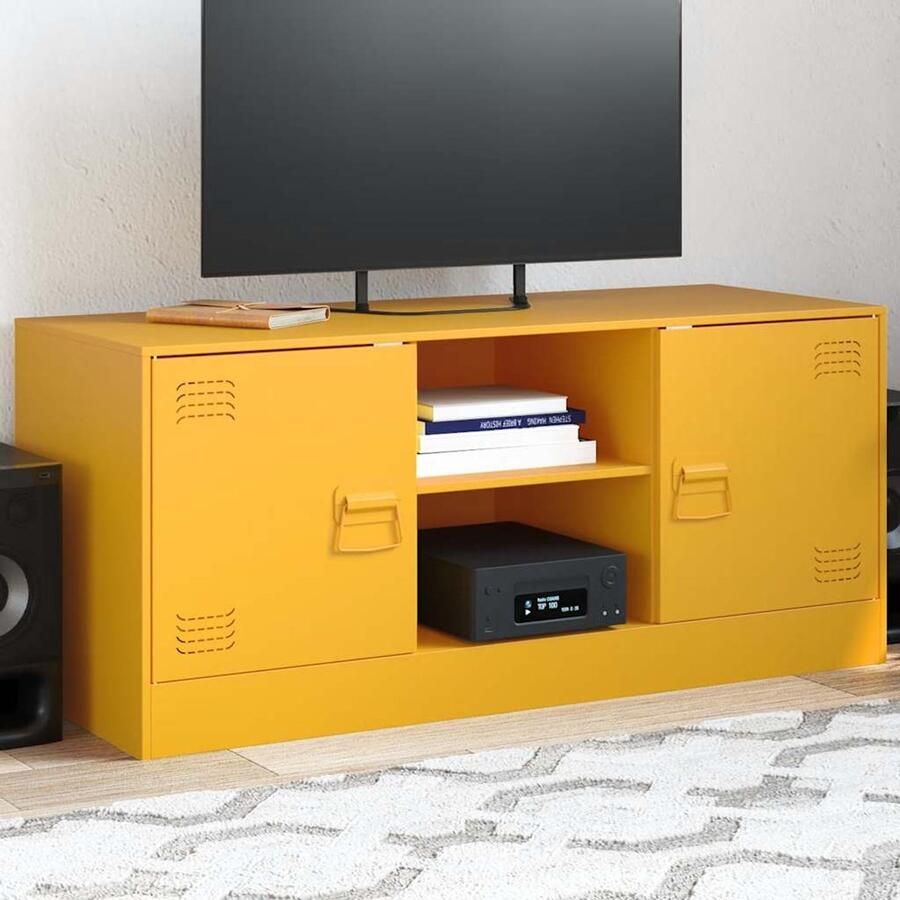 The Living Store Tv-meubel 99x39x44 cm staal mosterdgeel Televisiekast Tv-kast Mustard Yellow Staal Industrieel