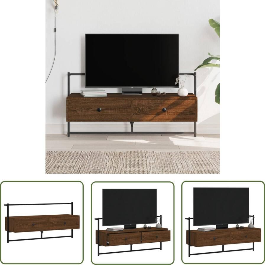 The Living Store Televisiewandmeubel Bruineiken 100.5 x 30 x 51 cm Duurzaam hout en metaal Televisiescherm Tv Kast Tv Meubilair Wandmontage Bruin Eiken