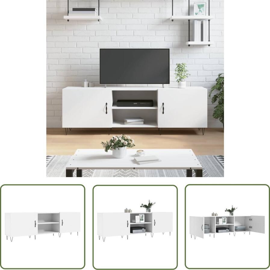 The Living Store Televisiekast Hout en Ijzer 150 x 30 x 50 cm Wit Televisiesecretaris Tv Kast Houten Tv Meubel Witte Tv Kast Salontafel - Foto 2