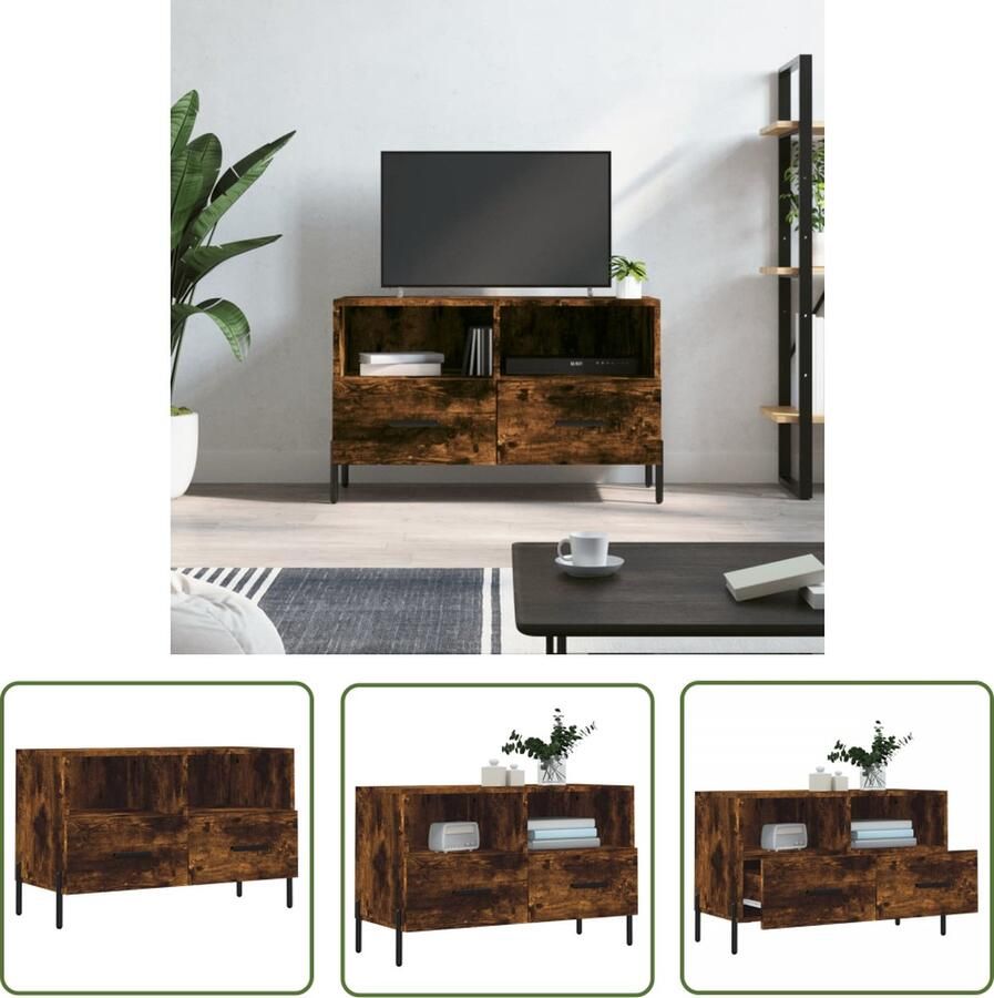 The Living Store Televisiekast Gerookt Eiken 80 x 36 x 50 cm Stevig Design Televisiesecretaris Tv Kast Mediakast Houten Tv Meubel Bruine Tv Kast - Foto 2