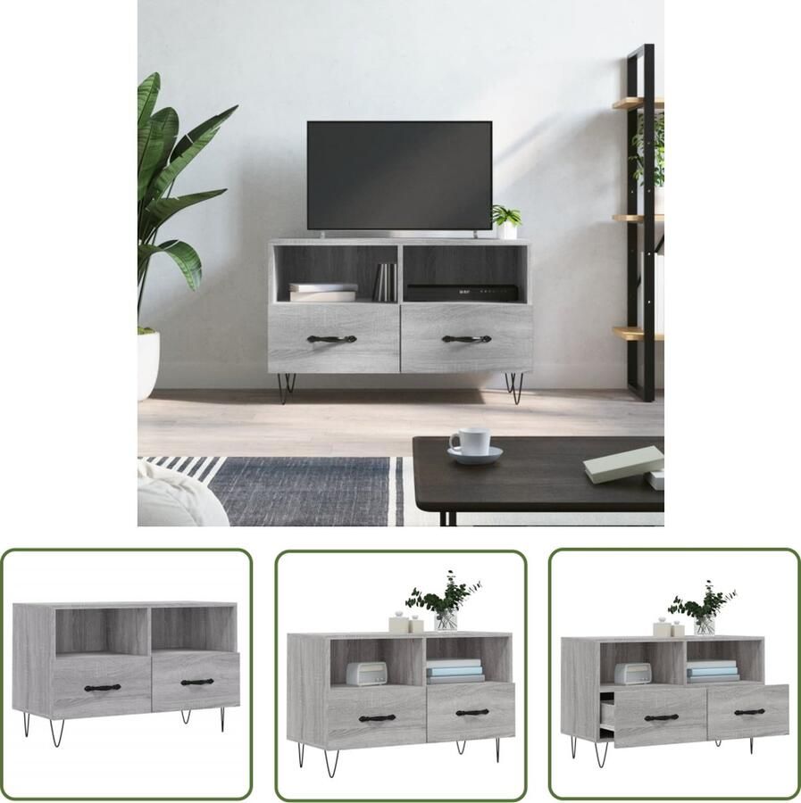 The Living Store Tv-meubel 80x36x50 cm bewerkt hout grijs sonoma eikenkleurig Televisiesecretaris Tv Kast Mediakast Salontafel Woonkamerinrichting - Foto 2
