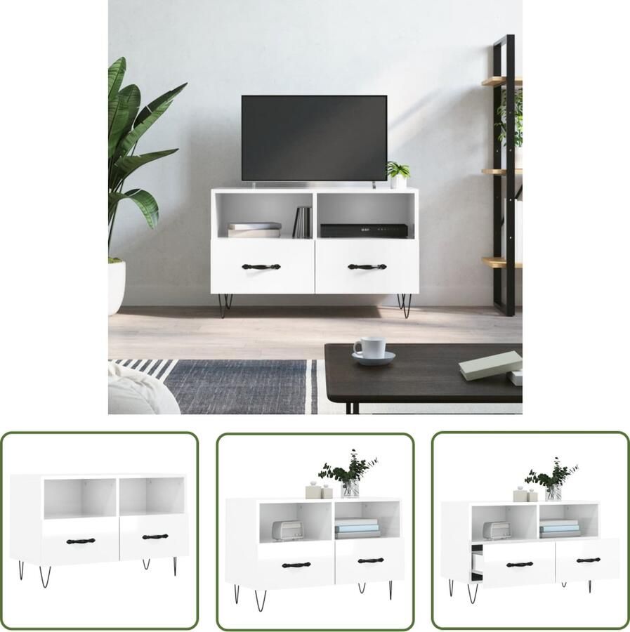 The Living Store Televisiekast Hoogglans Wit 80 x 36 x 50 cm Bewerkt Hout en IJzer Televisiesecretaris Tv Kast Mediakast Salontafel Opbergkast - Foto 2