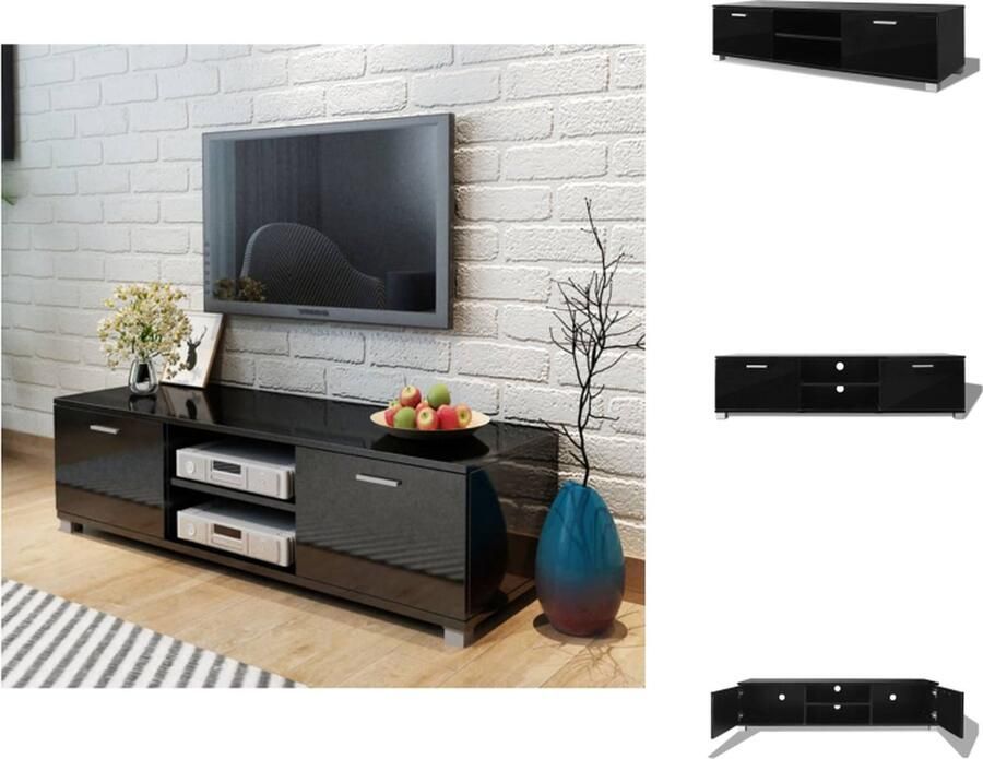VidaXL TV-meubel hoogglans zwart 140x40.3x34.7cm bewerkt hout en MDF inclusief 2 schappen en 2 vakken met deuren Kast - Foto 2