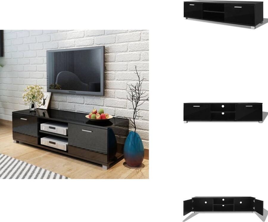 VidaXL TV-meubel hoogglans zwart 140x40.3x34.7cm bewerkt hout en MDF inclusief 2 schappen en 2 vakken met deuren Kast