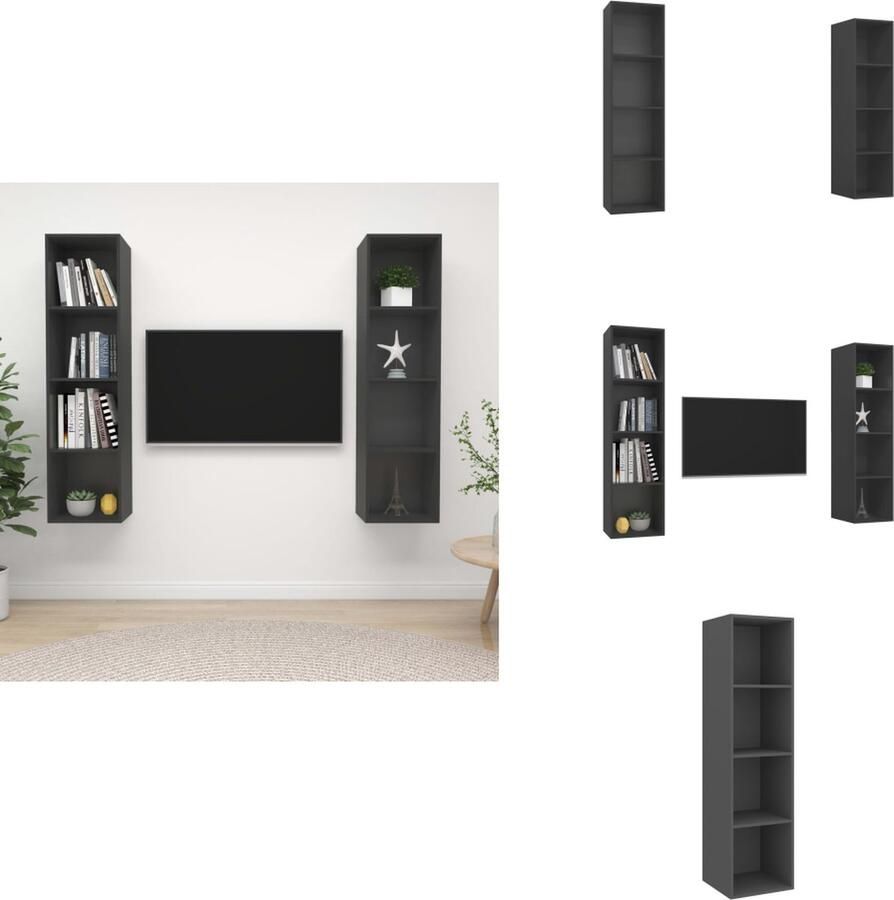 VidaXL Tv-meubelset Grijs Spaanplaat 37x37x142.5 cm Opbergruimte Verticaal horizontaal ophangen 4 vakken Vochtig afneembaar Montage vereist 2 x tv-meubel Kast