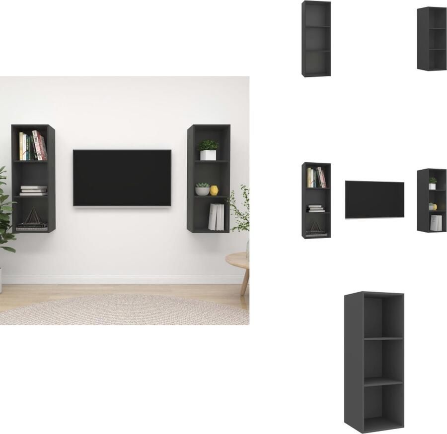 VidaXL Tv-meubelset Grijs Spaanplaat 37x37x142.5 cm Opbergruimte Verticaal horizontaal ophangen 4 vakken Vochtig afneembaar Montage vereist 2 x tv-meubel Kast - Foto 2